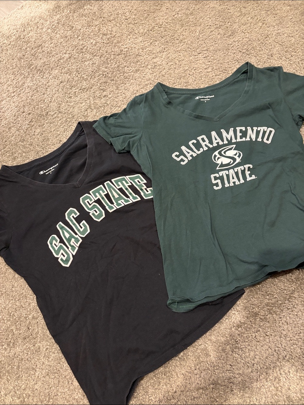 2 Women’s Champion Sacramento State V-Neck Tee one green one black